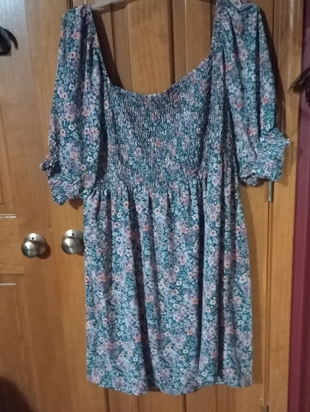 Smocked Square-Neck Floral Midi Dress in Teal and Pink